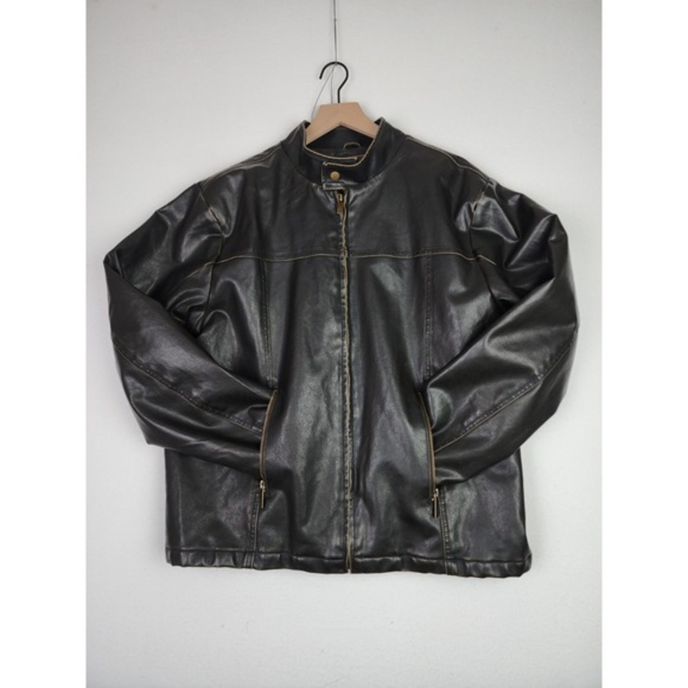 Distressed Cafe Racer Faux Leather Jacket Mens Size L Brown Lined